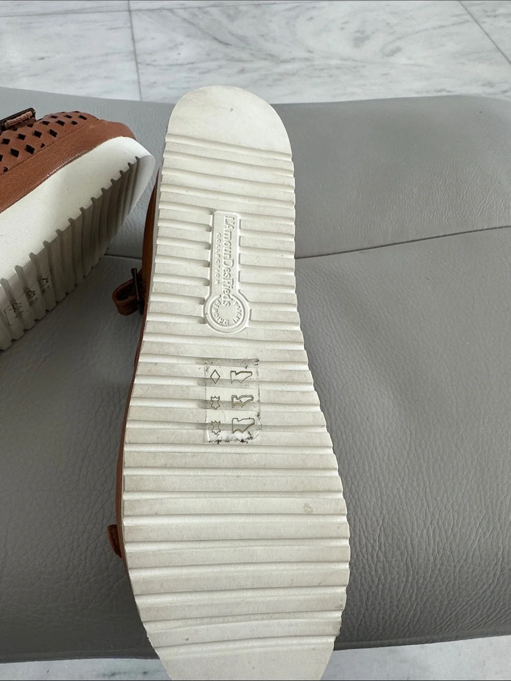 Women's Tan Perforated Buckle Wedge Sandals